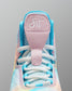 Close-up of a colorful Wrestling shoe with a visible brand logo on a gray background