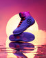 Purple wrestling shoe with a unique design on a reflective surface with a colorful background