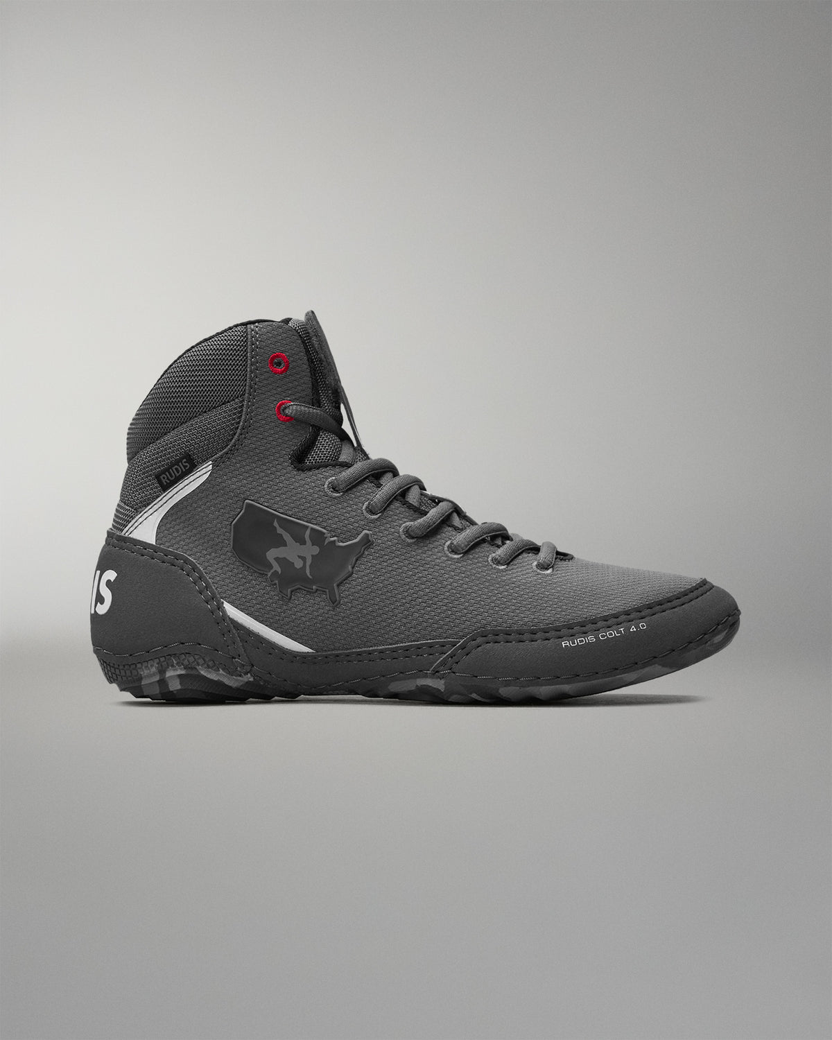 Gray wrestling shoe with a 'USA Wrestling' logo on a gray background