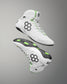 White wrestling shoes with black and green accents on a gray background