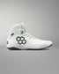 White  wrestling shoes with black hexagonal logo on a gray background