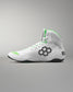White wrestling shoes with green accents and a black logo on a gray background