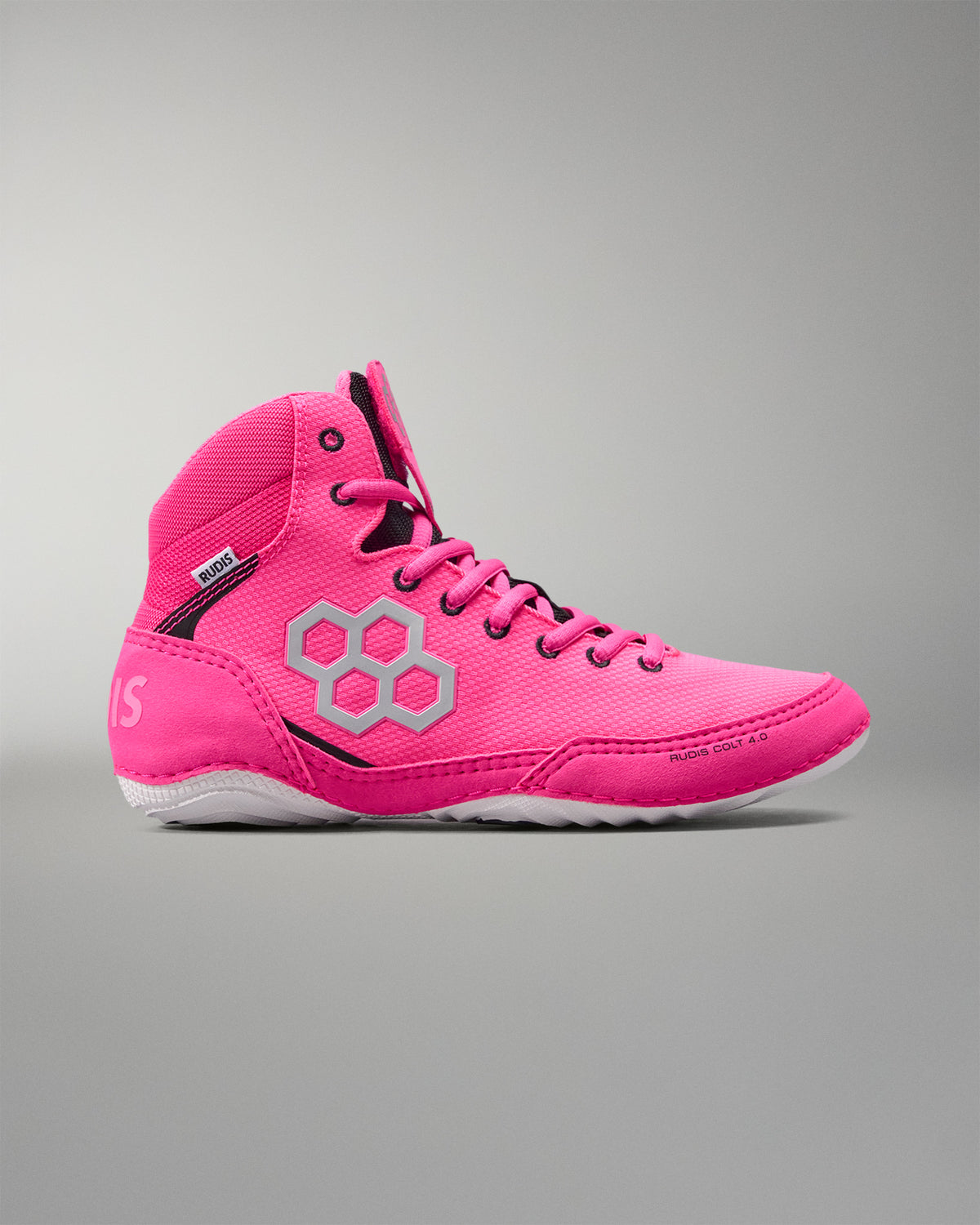 Pink high-top sneaker with a brand logo on a gray background