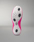 Close-up of a pink and white athletic shoe sole on a gray background