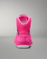 Pink athletic shoe with 'RUDIS' branding on a gray background