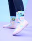 Colorful Wrestling shoes with cartoon face design on a light blue background
