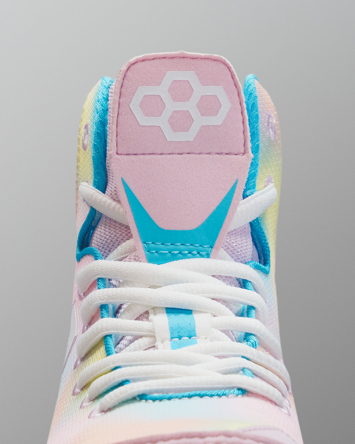 Colorful Wrestling shoe with a brand logo on a gray background
