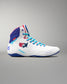 White USA Wrestling Shoes with blue and red accents on a gray background