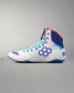 White USA Wrestling Shoes with blue and red accents on a gray background