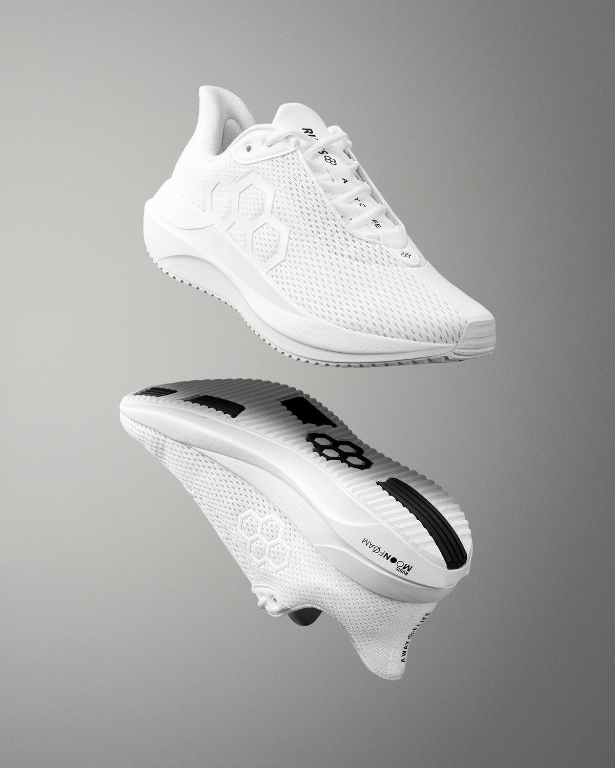 White athletic shoe with brand logo on a gray background
