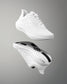 White athletic shoe with brand logo on a gray background