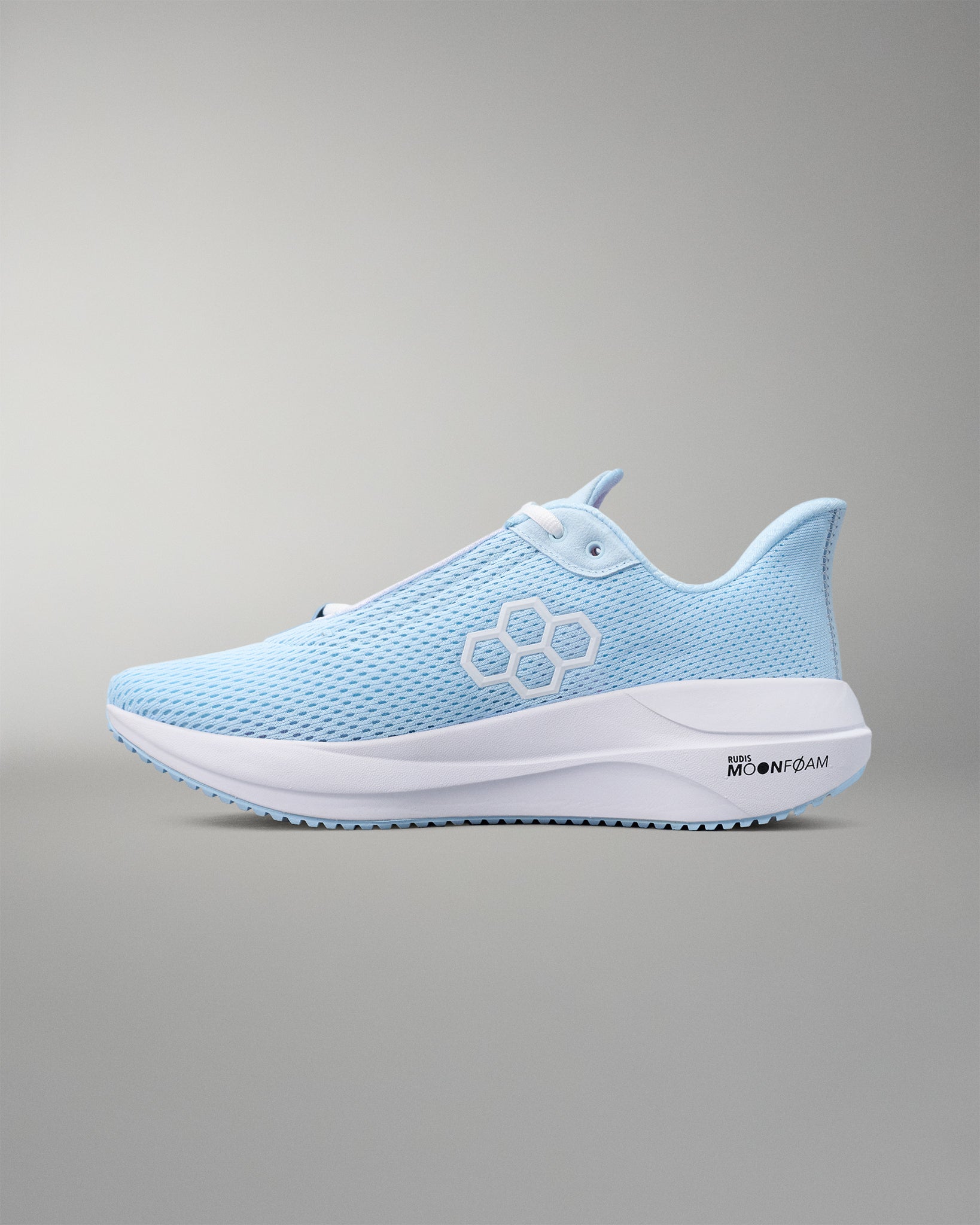 Light blue running shoe with white sole on a gray background