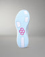 Sole of a shoe with a pink logo on a gray background