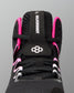 Close-up of the top of a black wrestling shoe with bright pink accents and white branding details, including the text 'HIDERBRANDT' on the tongue pull tab.