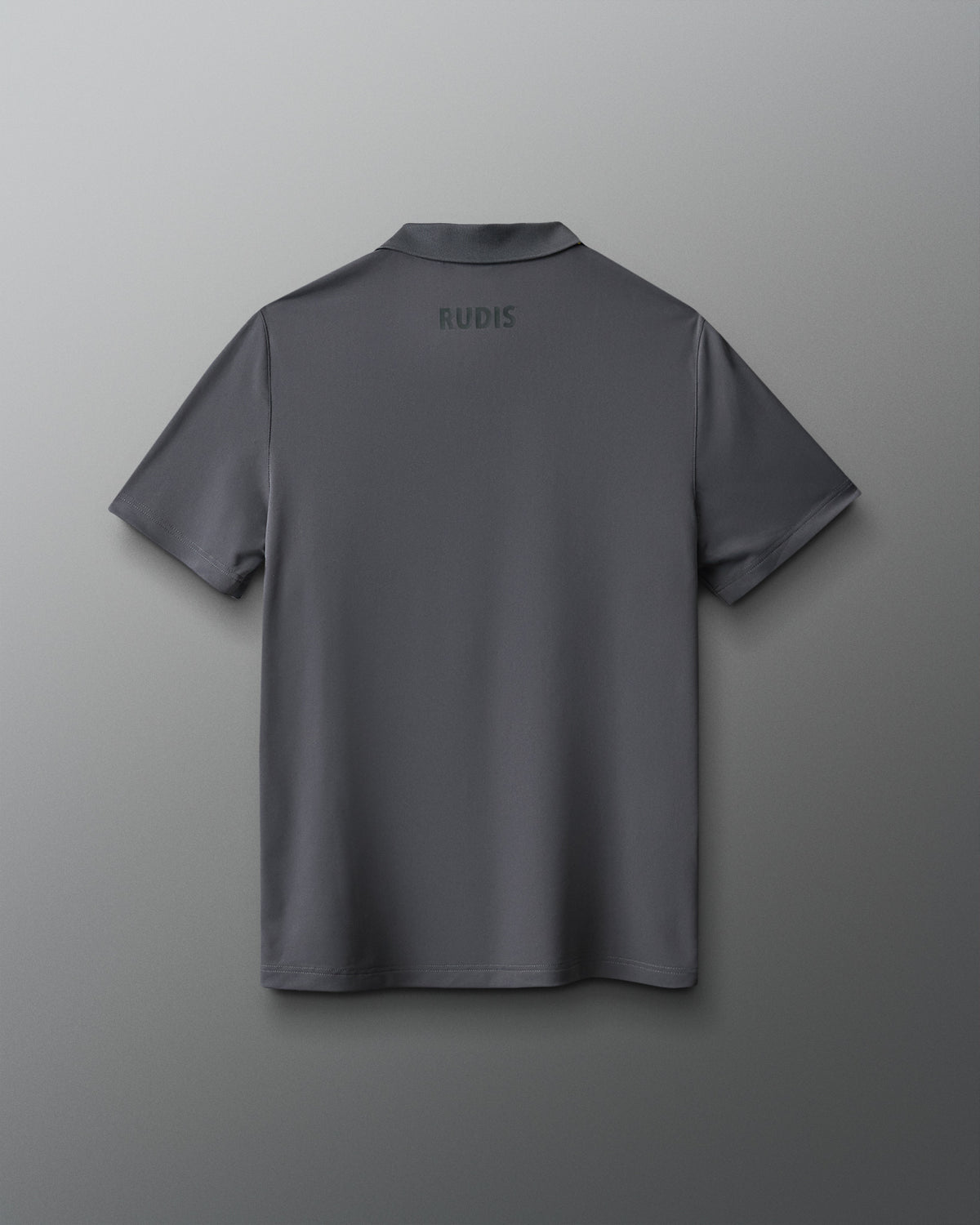 Gray polo shirt with 'RUDIS' branding on the back against a gray background