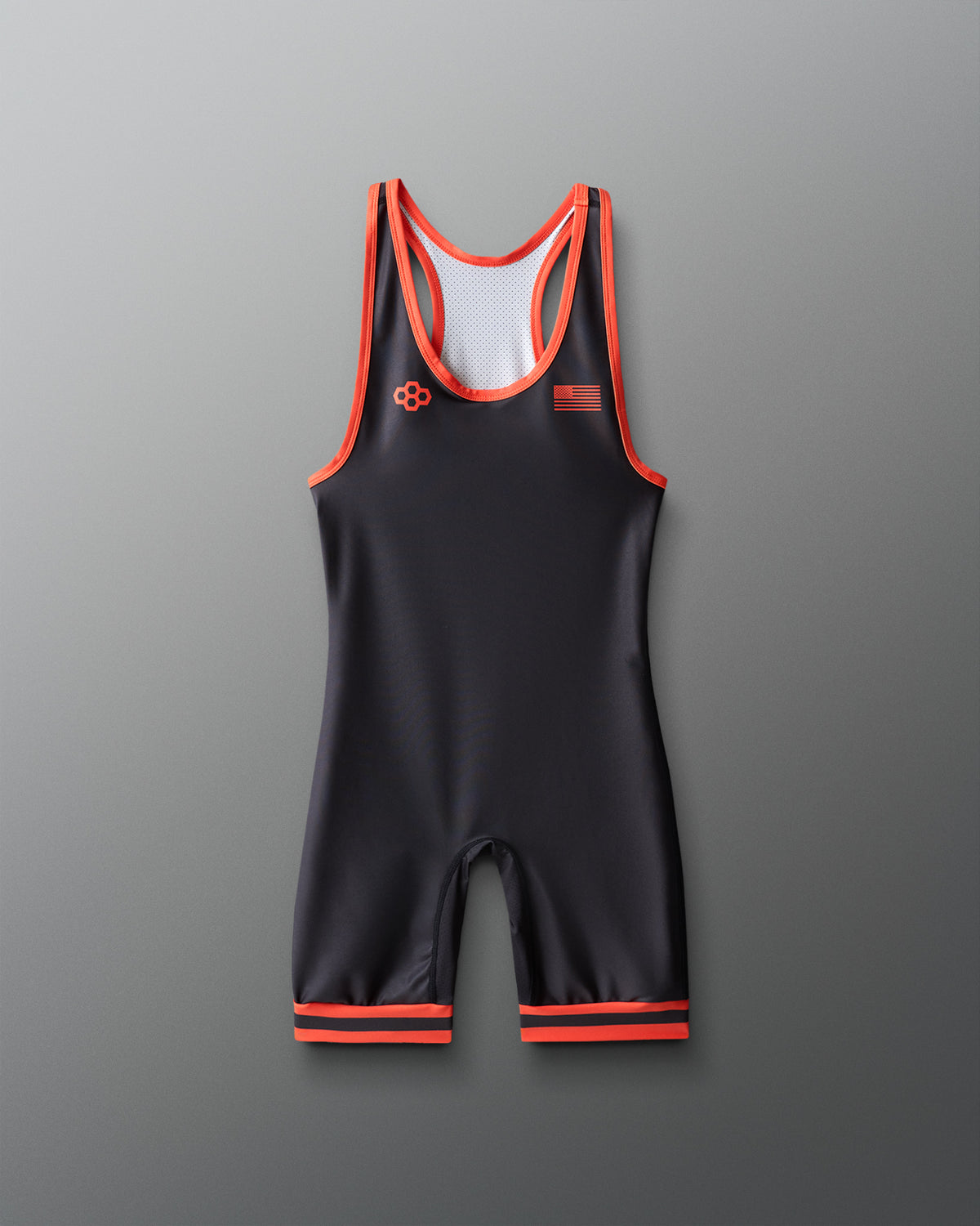 Black and red wrestling singlet on a gray background