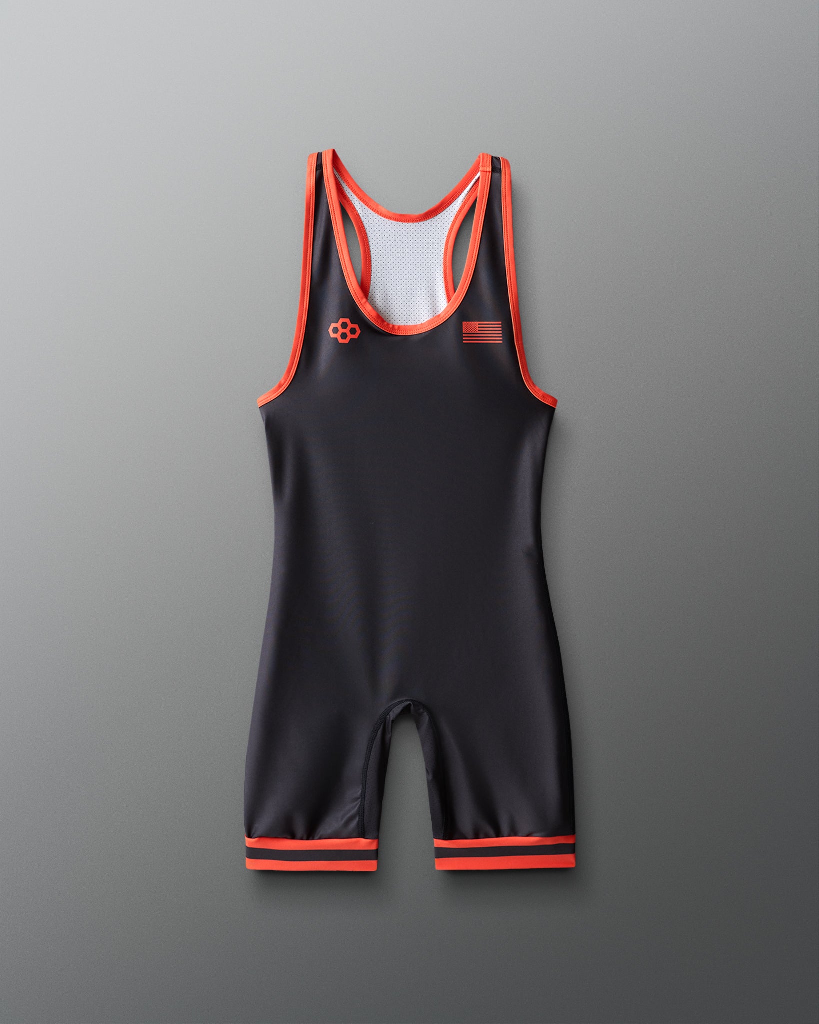 Black and red wrestling singlet on a gray background
