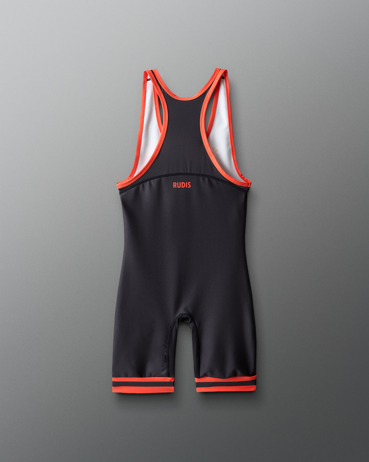 Black and red wrestling singlet on a gray background
