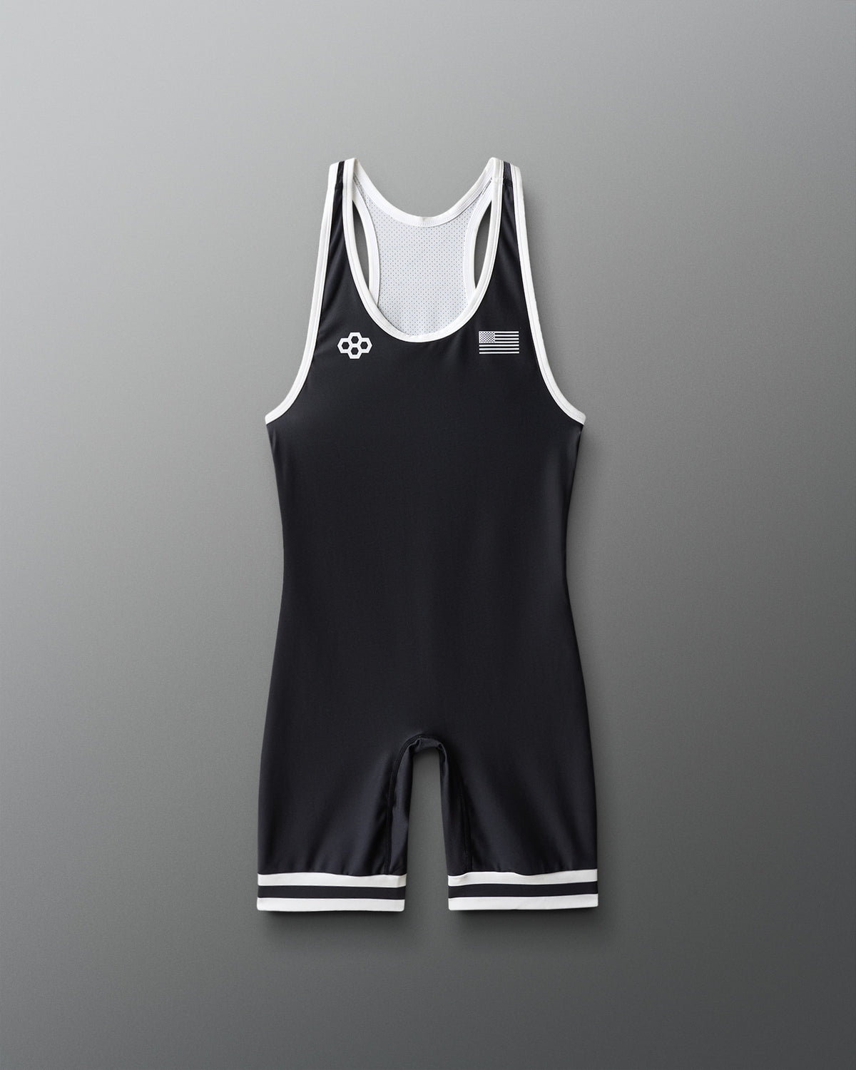 Black wrestling singlet with white accents on a gray background