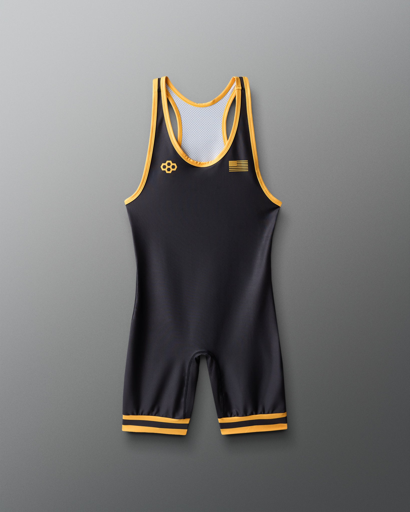 Black wrestling singlet with yellow accents on a gray background
