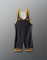 Black wrestling singlet with yellow accents on a gray background