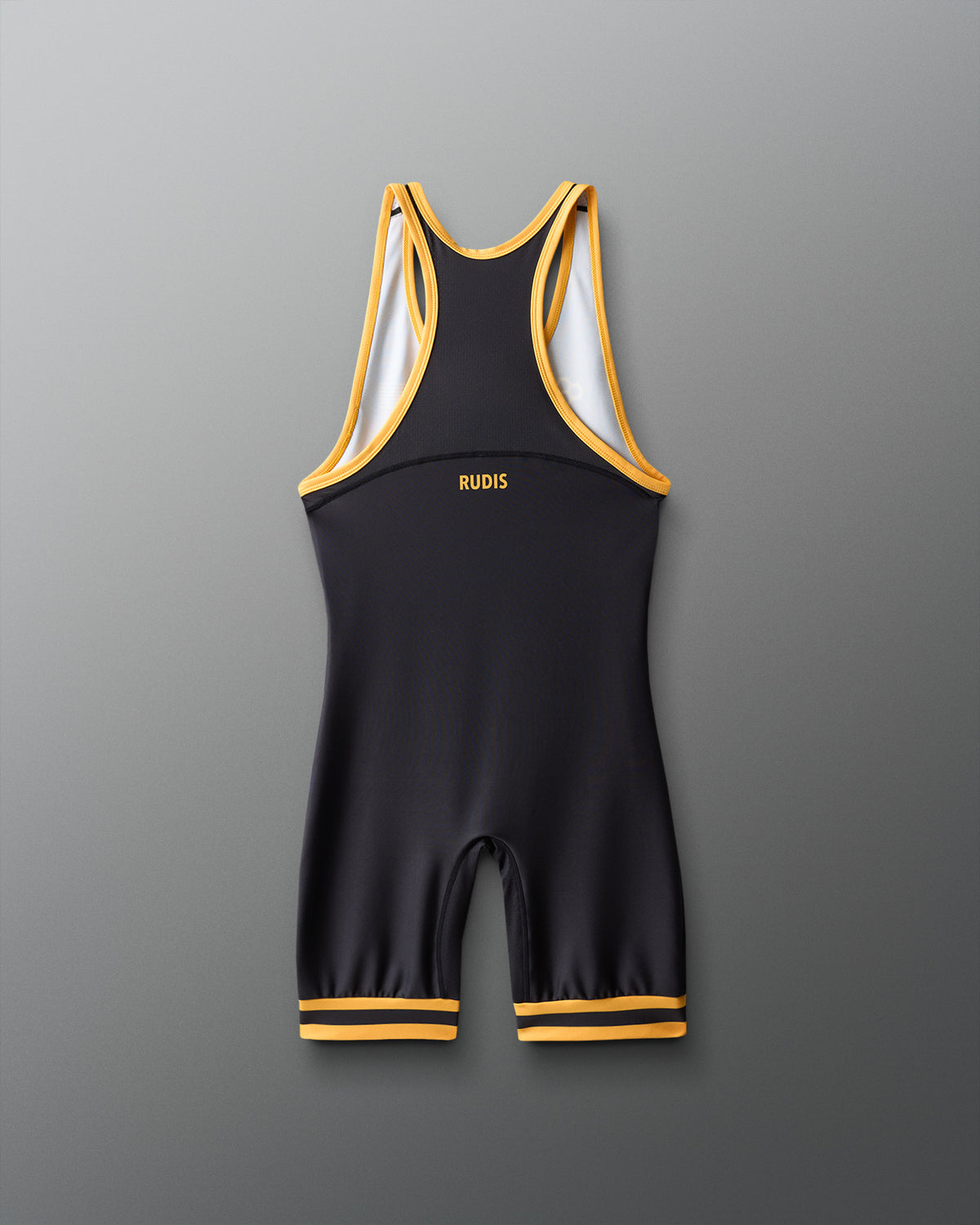 Black and yellow wrestling singlet with 'RUDIS' branding on a gray background