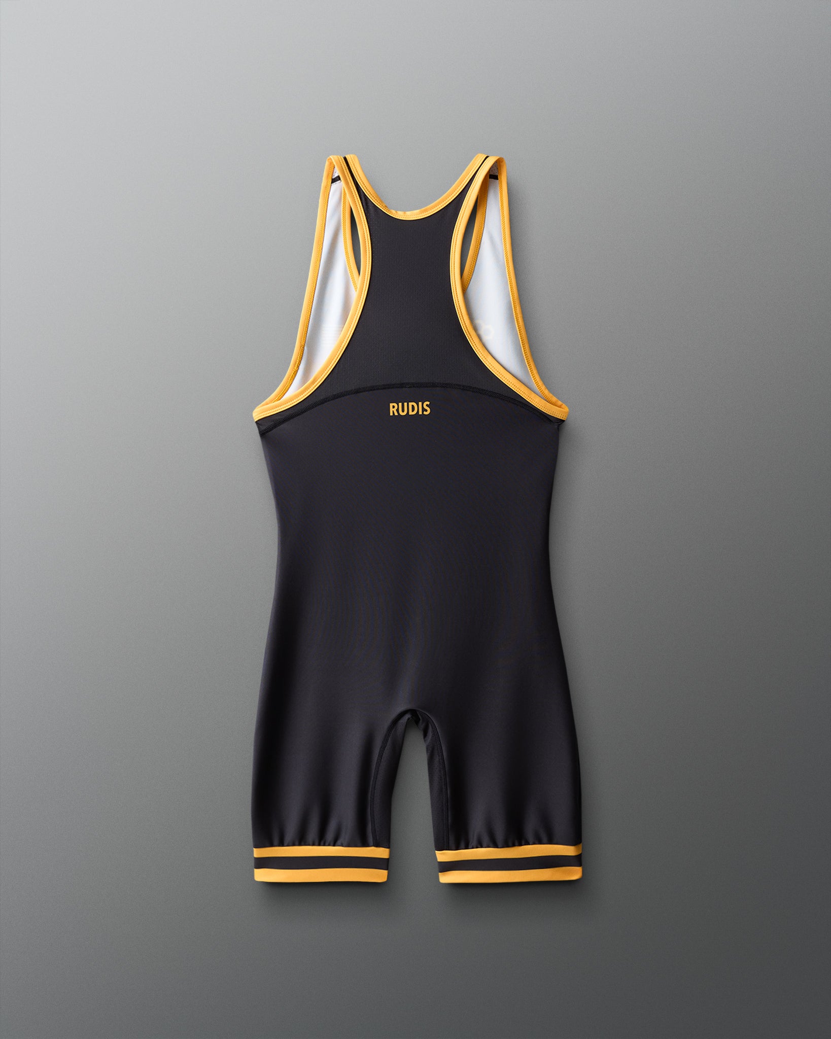 Black and yellow wrestling singlet with 'RUDIS' branding on a gray background