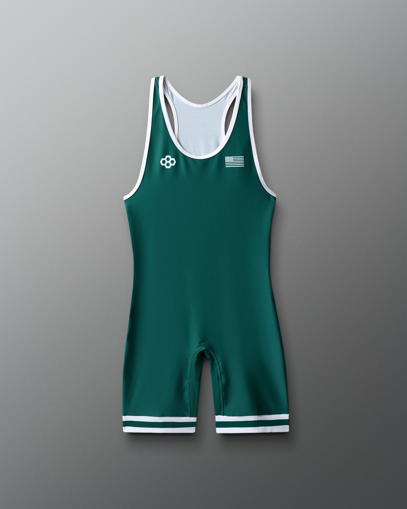 Green wrestling singlet with white accents on a gray background