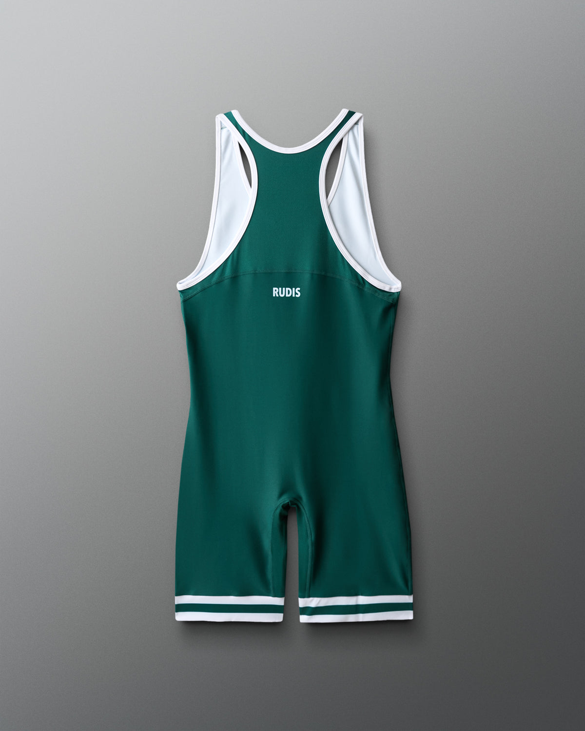 Green and white wrestling singlet with 'RUDIS' branding on a gray background