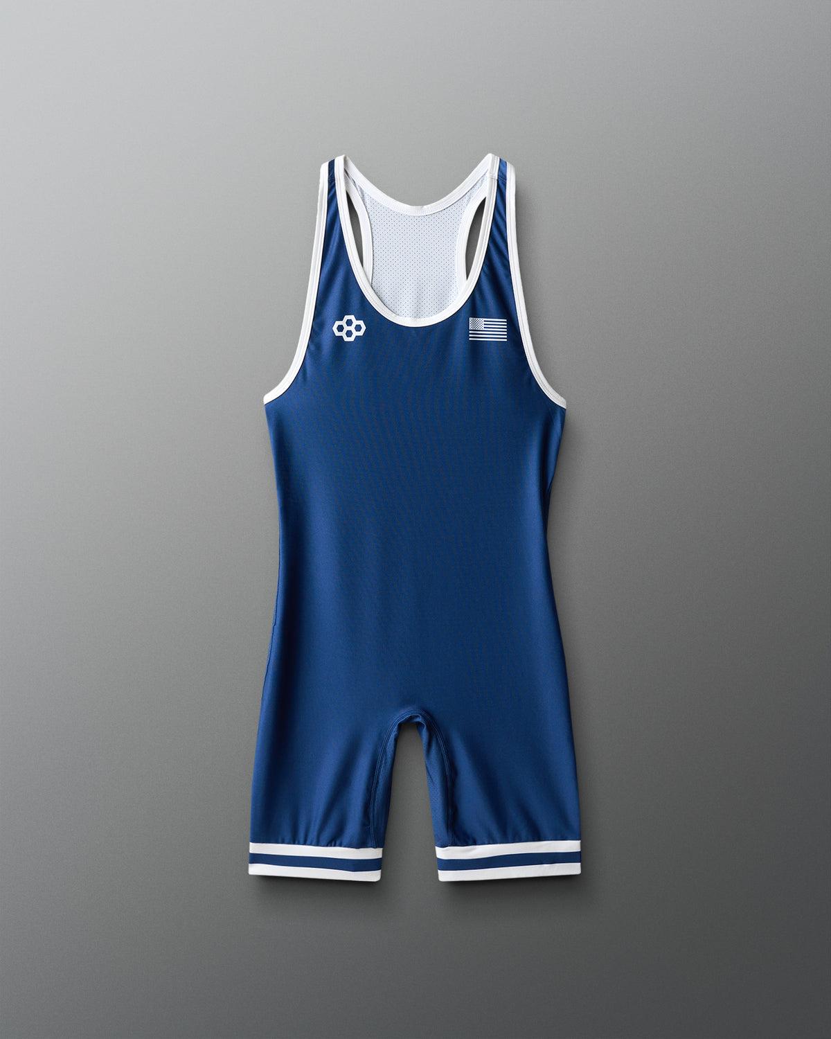 Navy blue wrestling singlet with white accents on a gray background