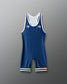 Navy blue wrestling singlet with white accents on a gray background