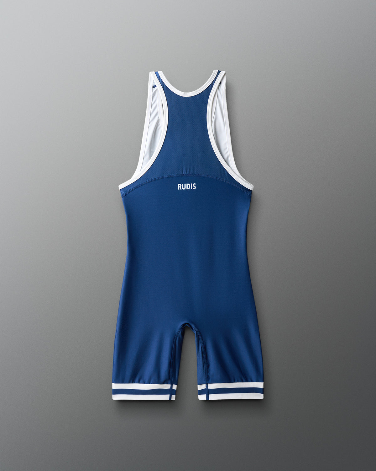 Blue and white wrestling singlet with 'RUDIS' branding on a gray background