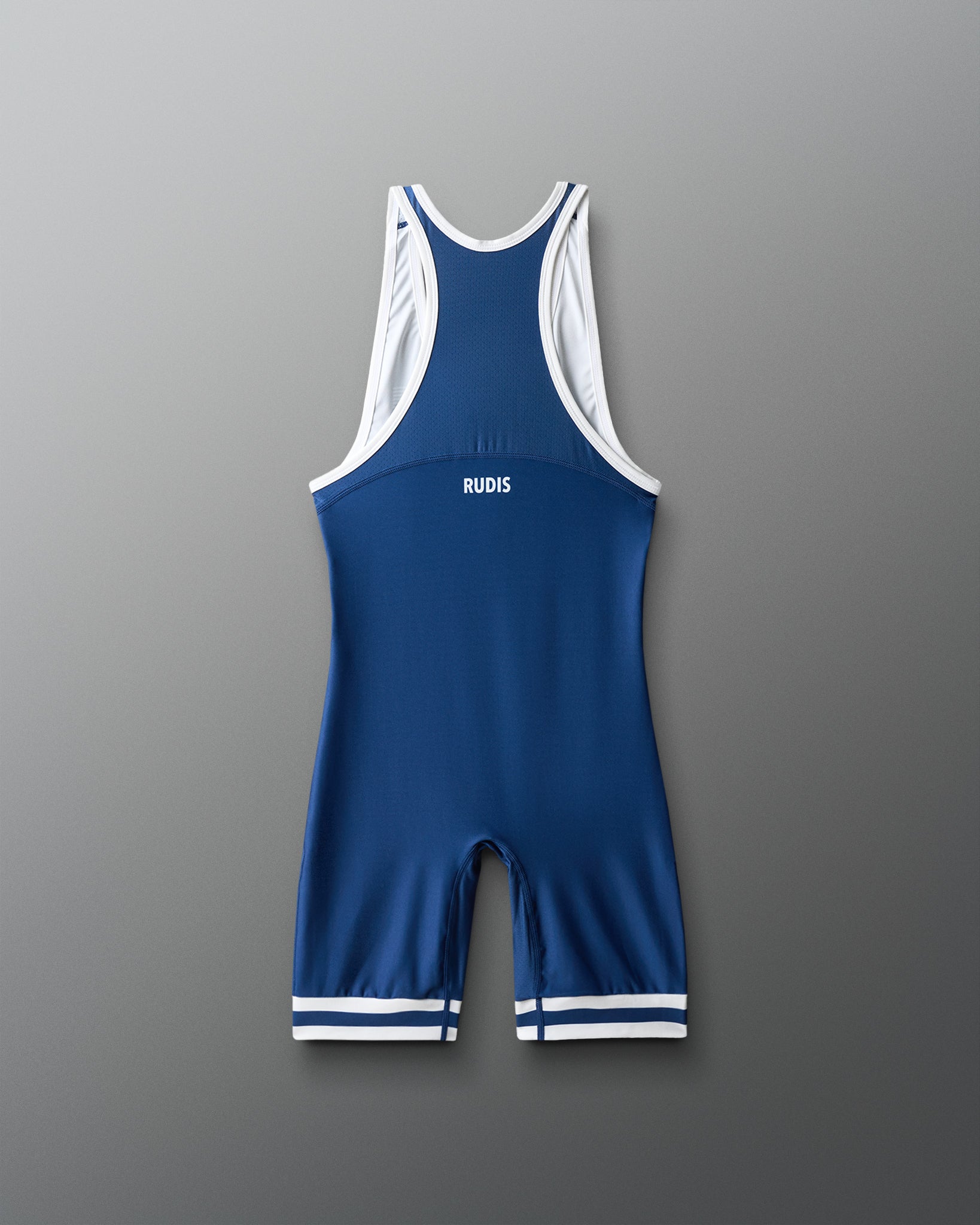 Blue and white wrestling singlet with 'RUDIS' branding on a gray background