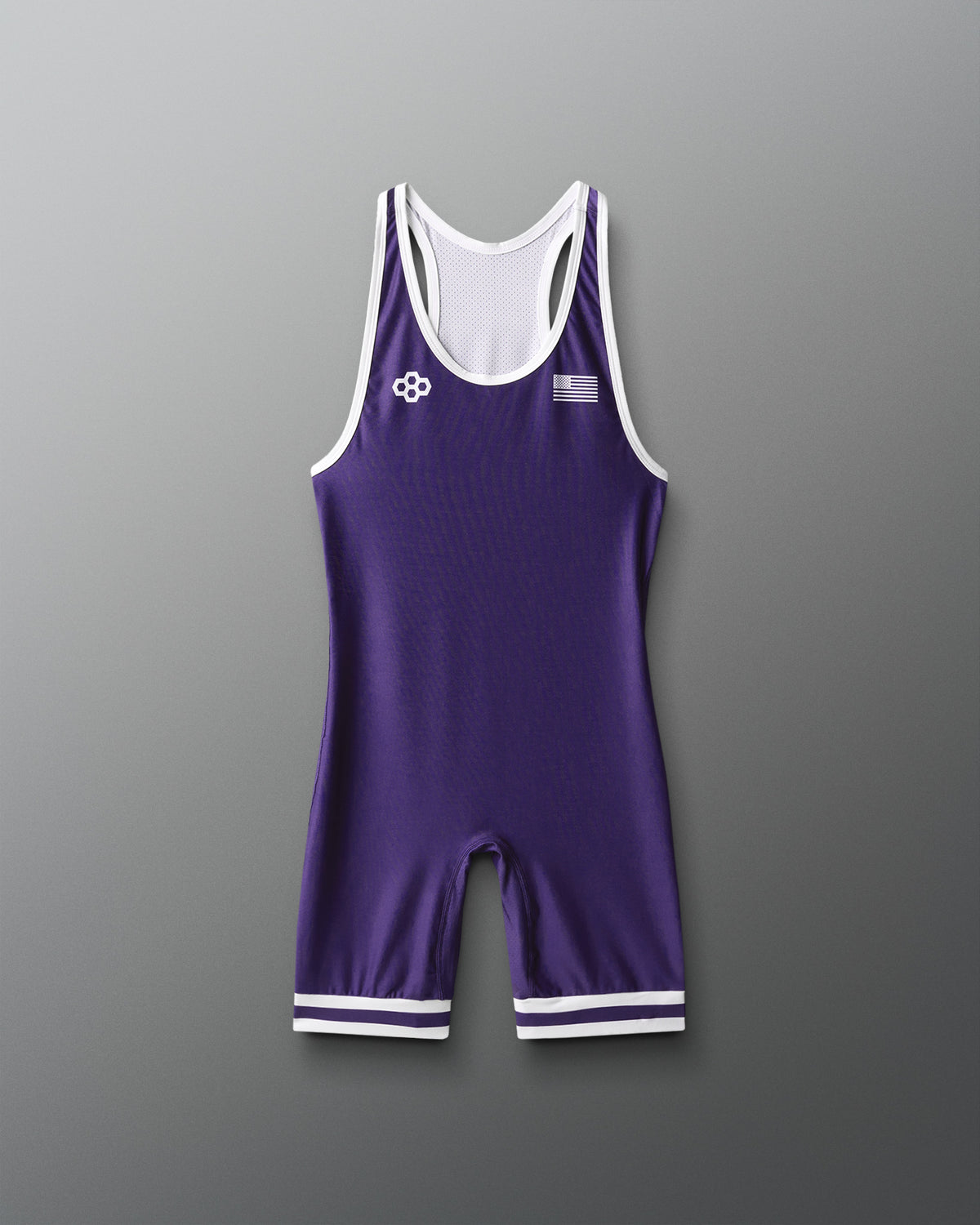 Purple wrestling singlet with white accents on a gray background