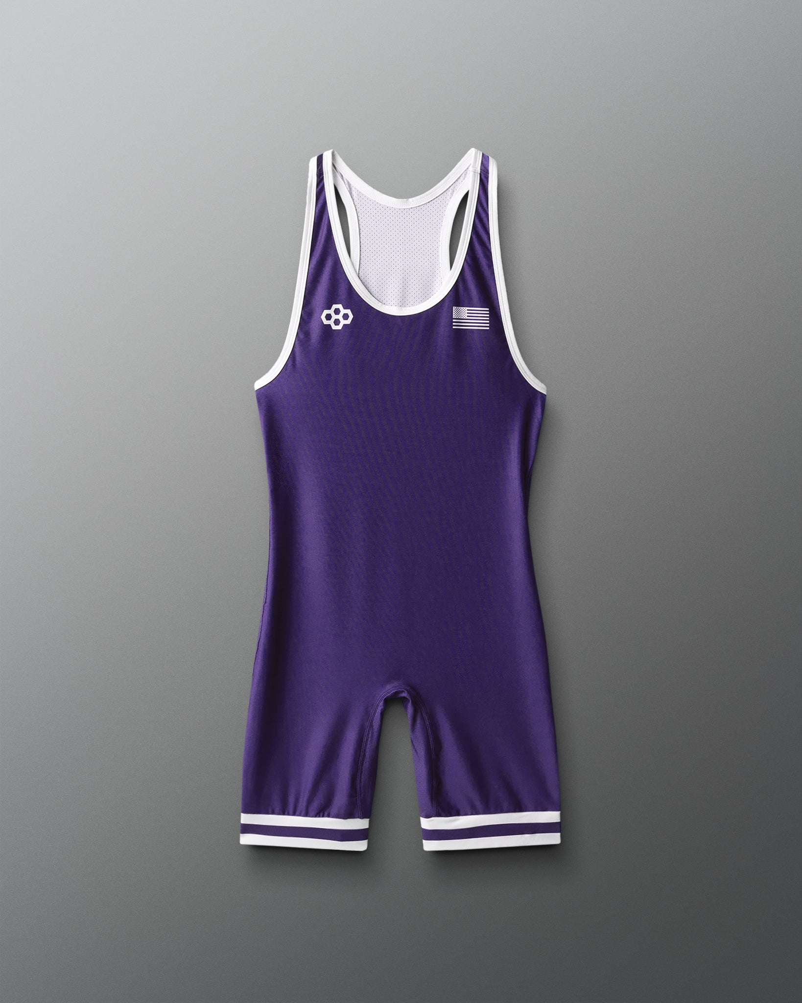 Purple wrestling singlet with white accents on a gray background