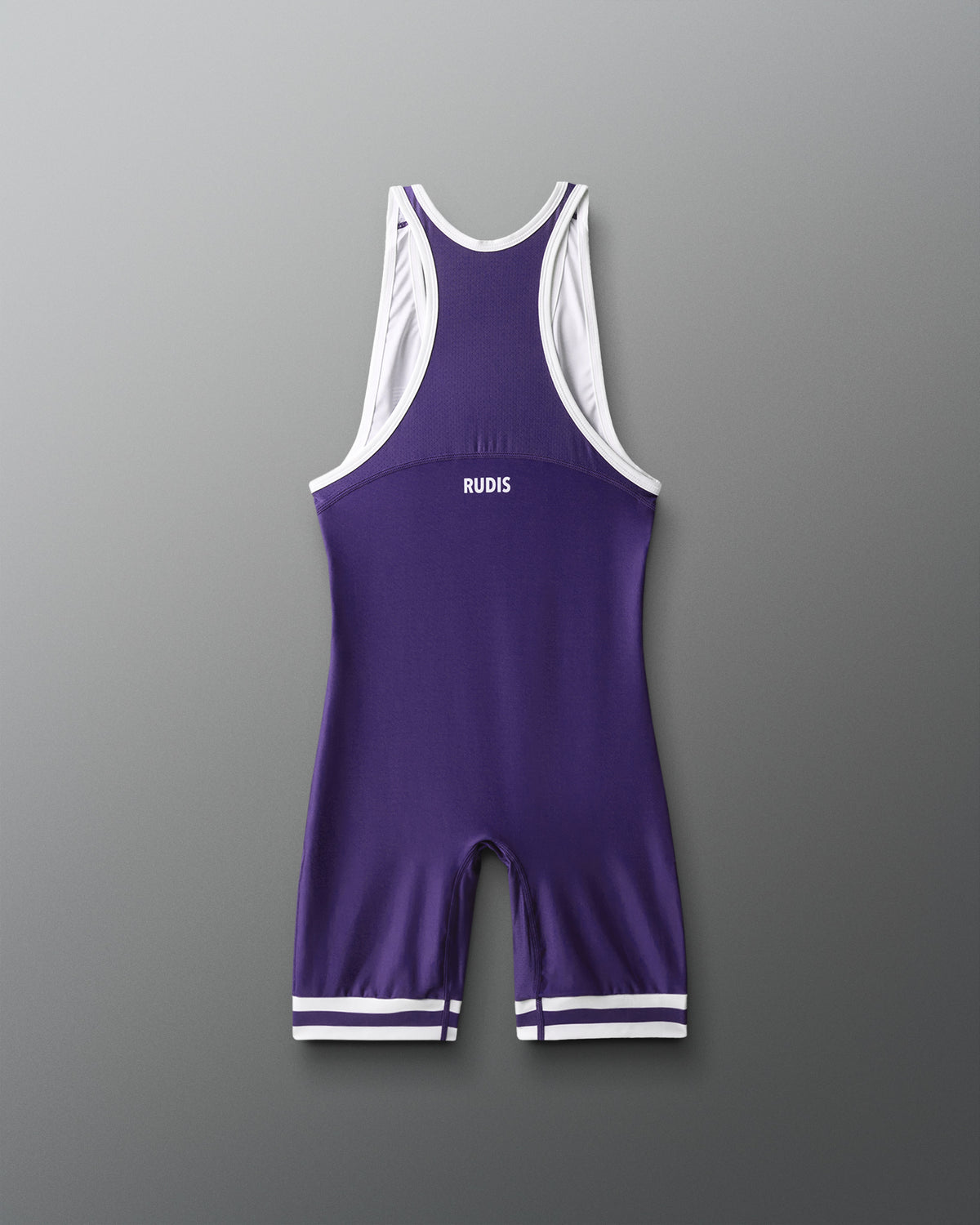 Purple wrestling singlet with white accents on a gray background