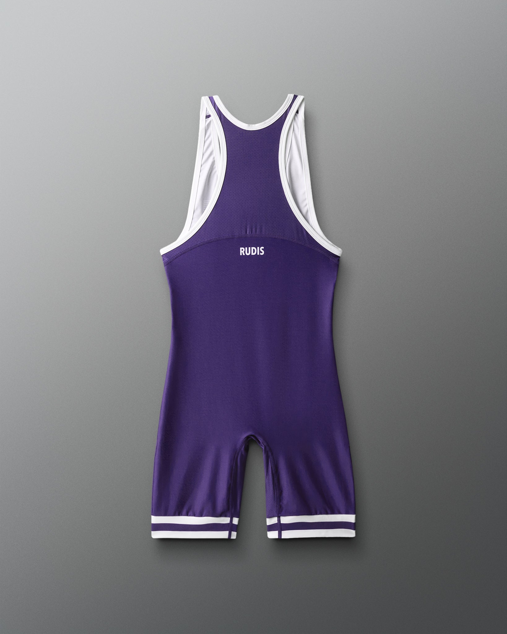 Purple wrestling singlet with white accents on a gray background