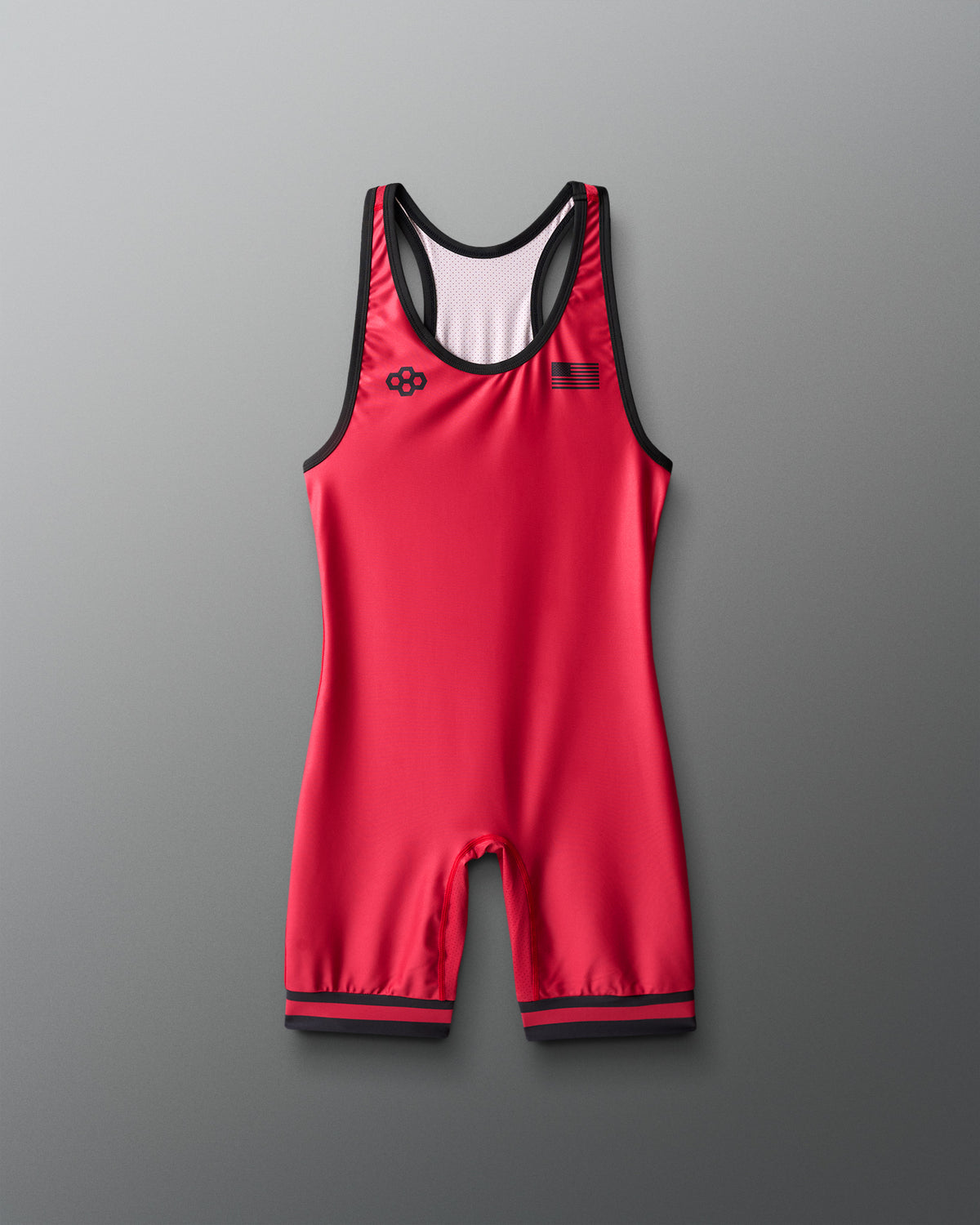 Red wrestling singlet with black accents on a gray background