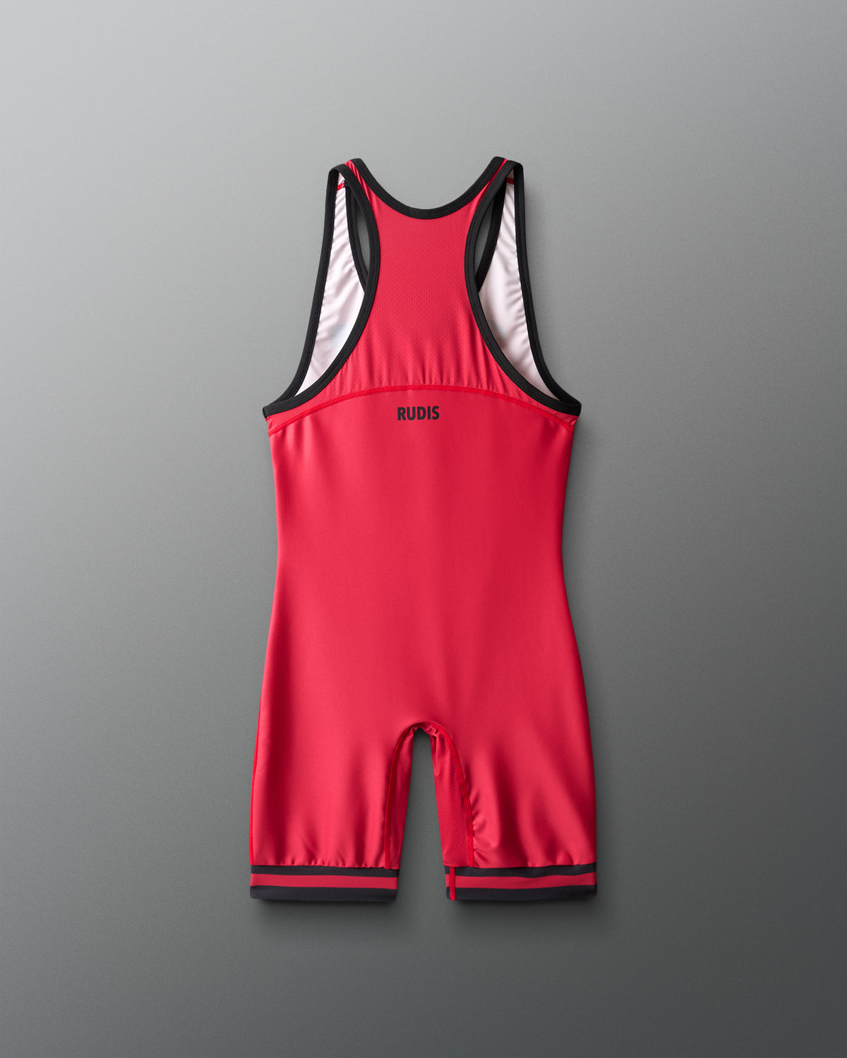 Red wrestling singlet with black trim on a gray background