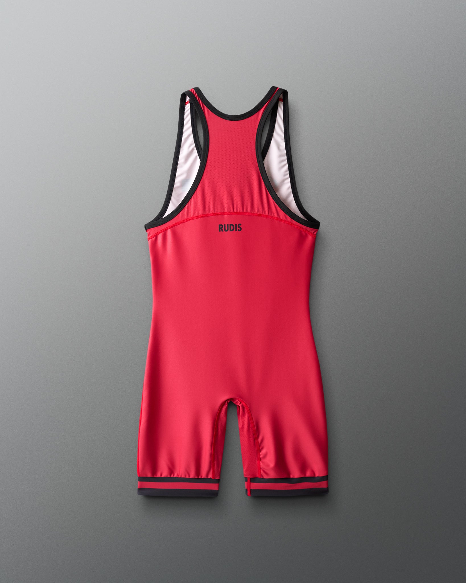 Red wrestling singlet with black trim on a gray background