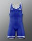 A blue wrestling singlet with white accents and a logo on the upper left side.