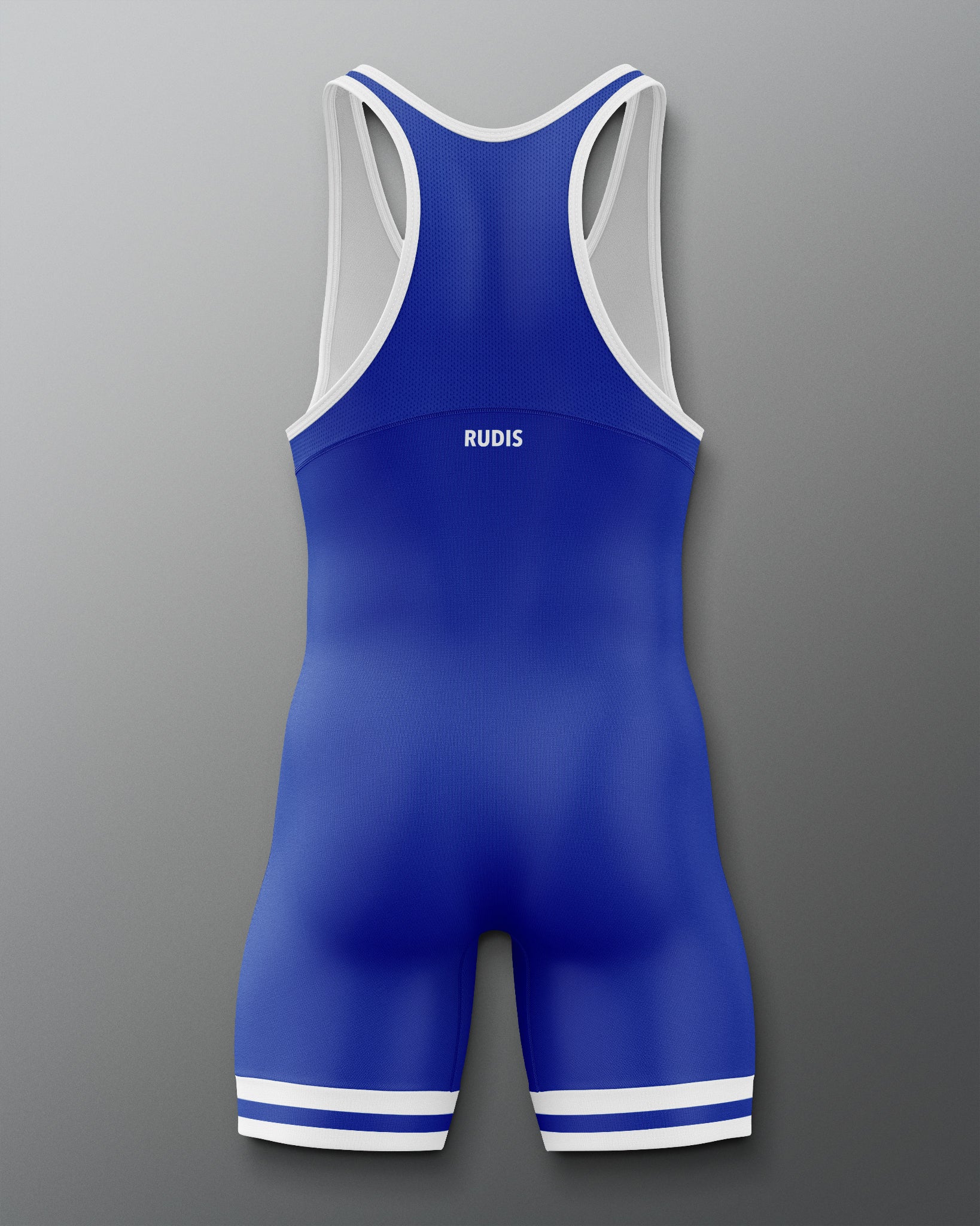 A blue wrestling singlet with white accents and a logo on mid back.