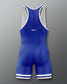 A blue wrestling singlet with white accents and a logo on mid back.