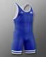 A blue wrestling singlet with white accents and a logo on the upper left side.