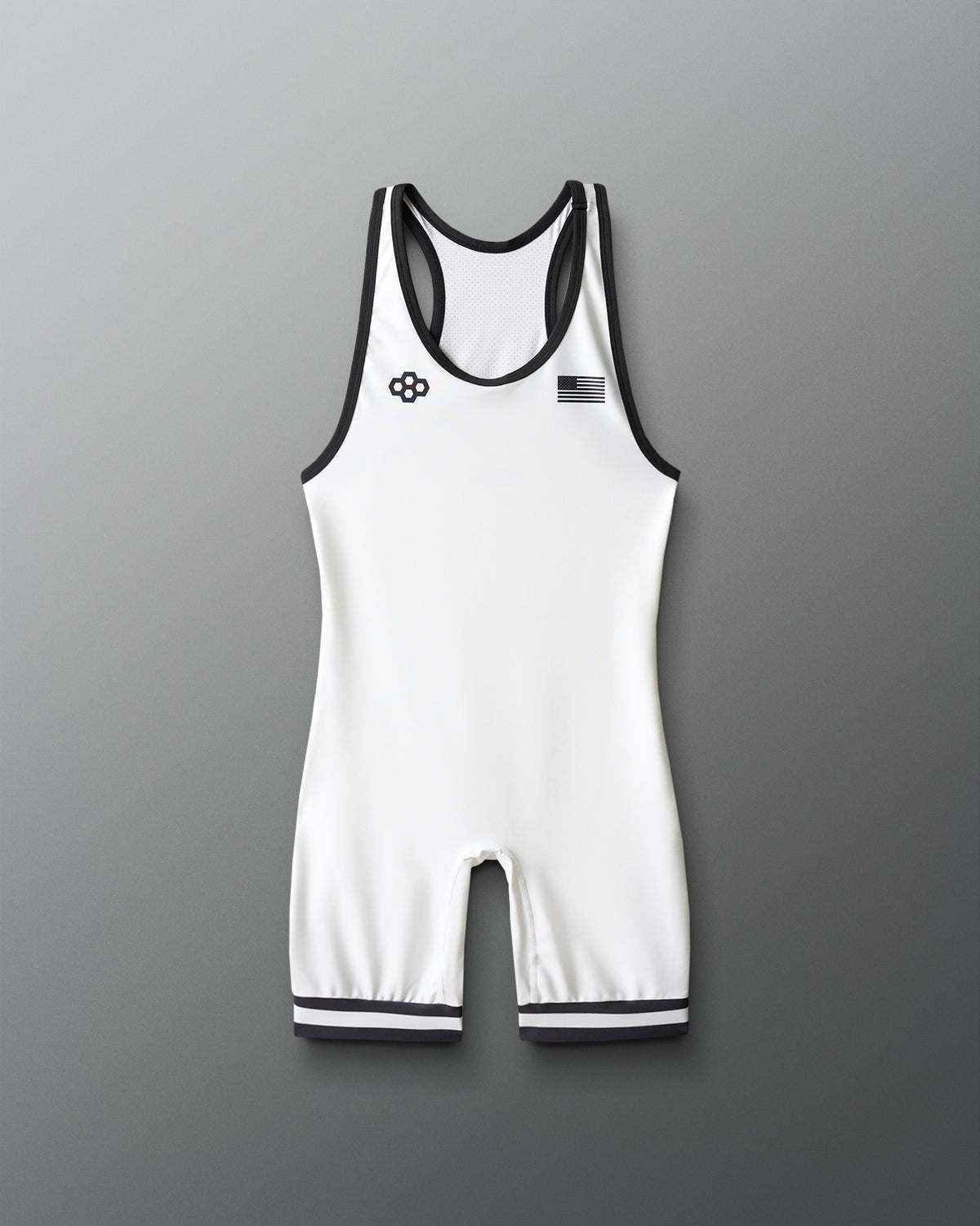 White wrestling singlet with black accents on a gray background
