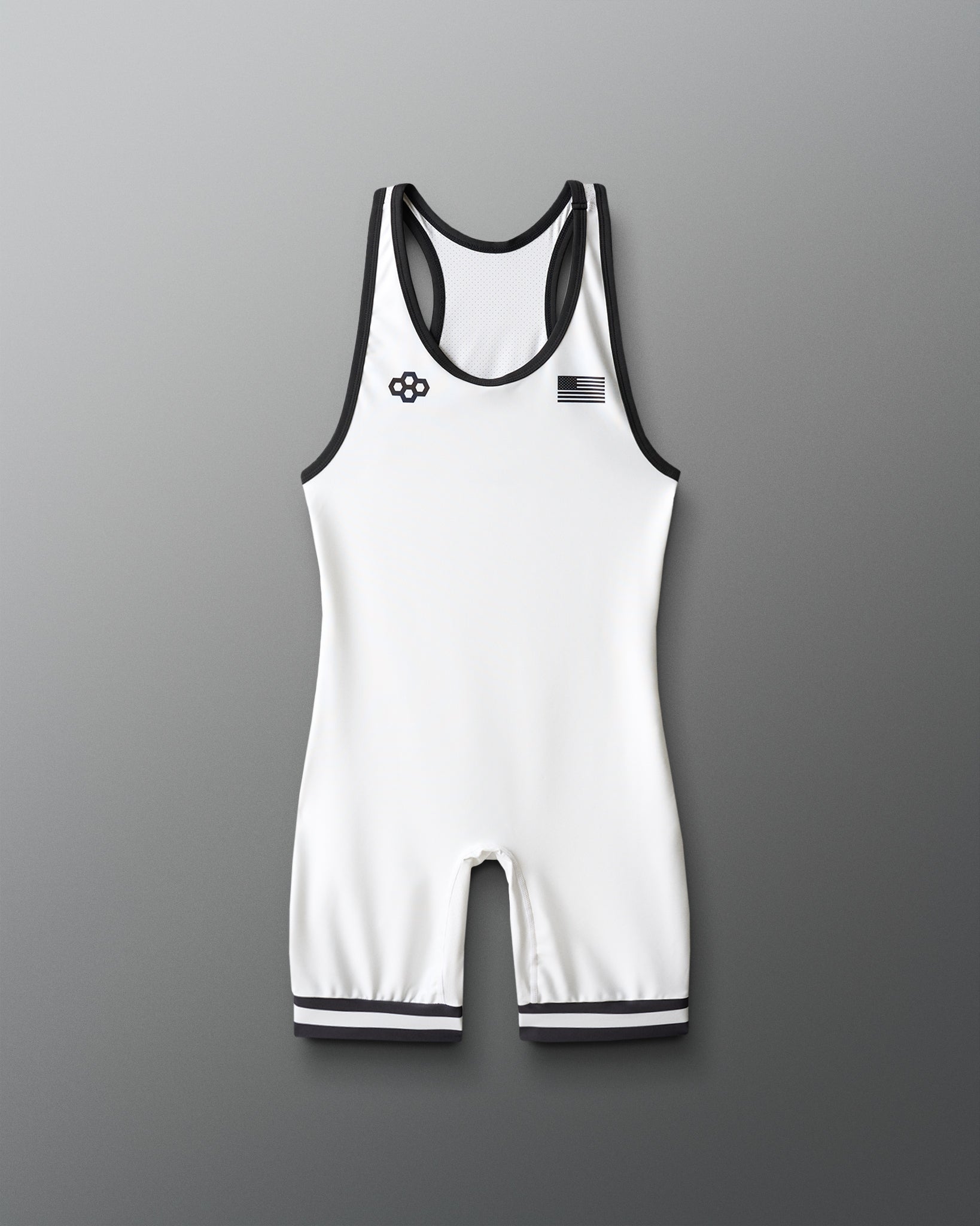 White wrestling singlet with black accents on a gray background