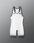 White wrestling singlet with black accents on a gray background