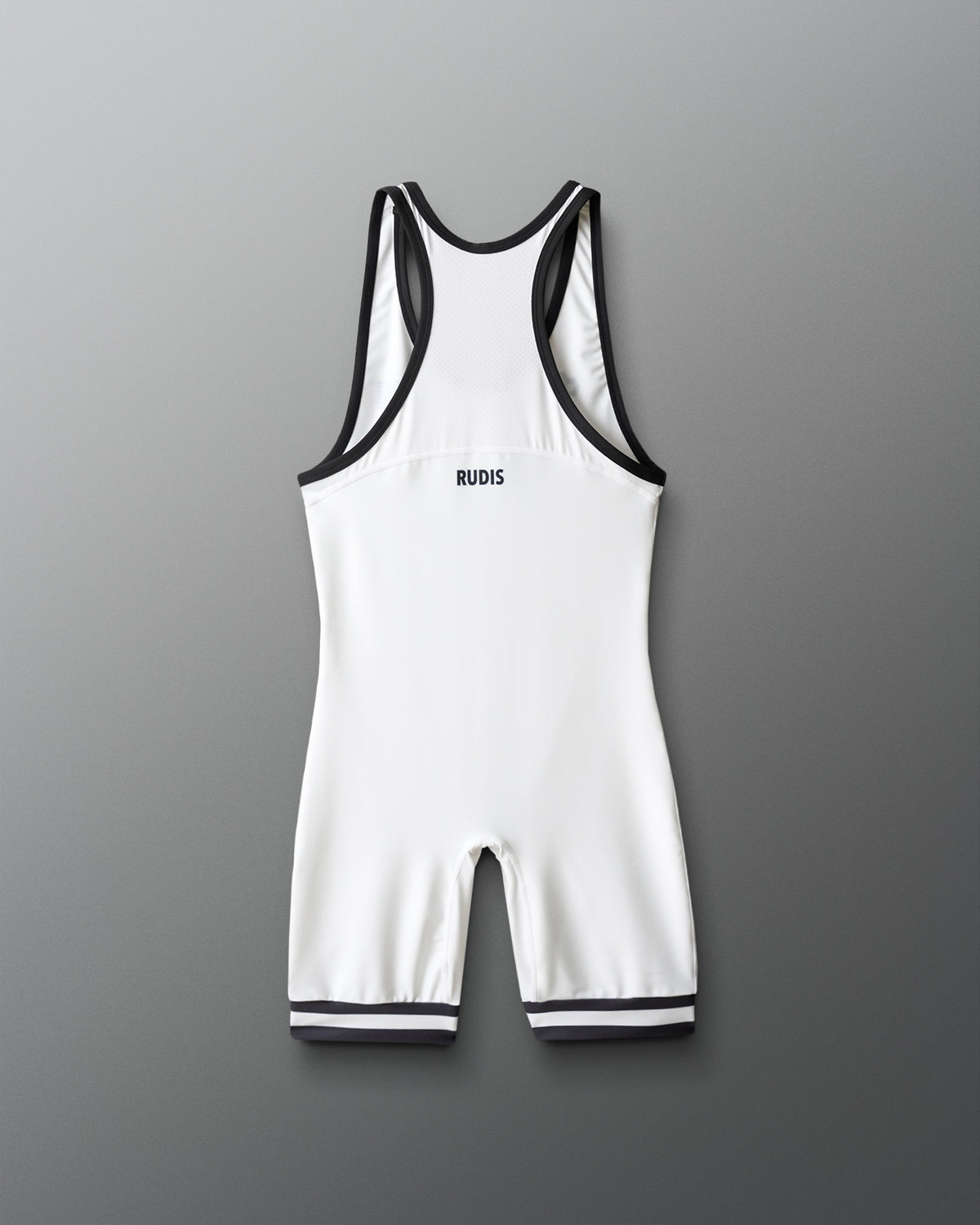 White wrestling singlet with black trim on a gray background