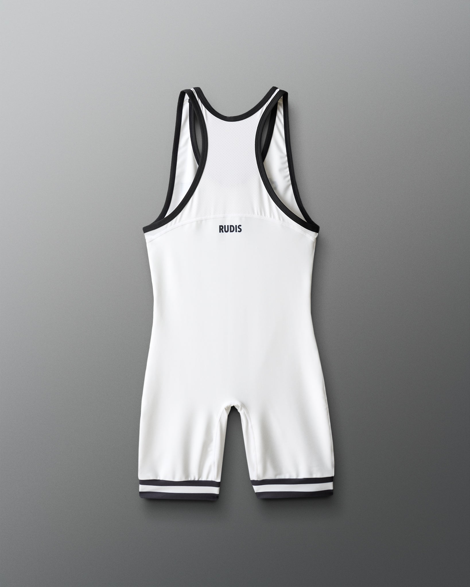White wrestling singlet with black trim on a gray background