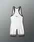 White wrestling singlet with black trim on a gray background